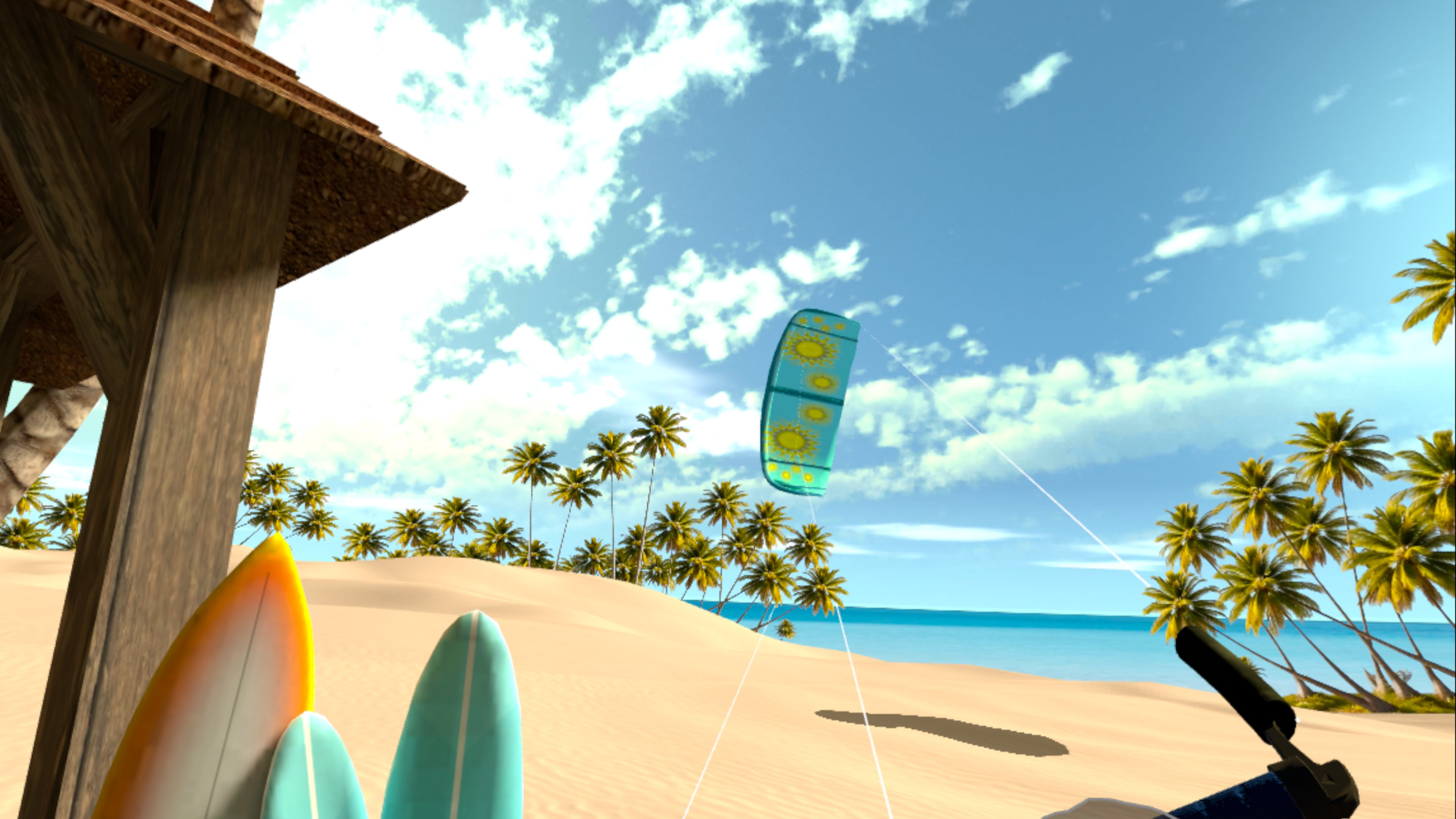 Virtual Reality kite control with hand tracking on tropical beach